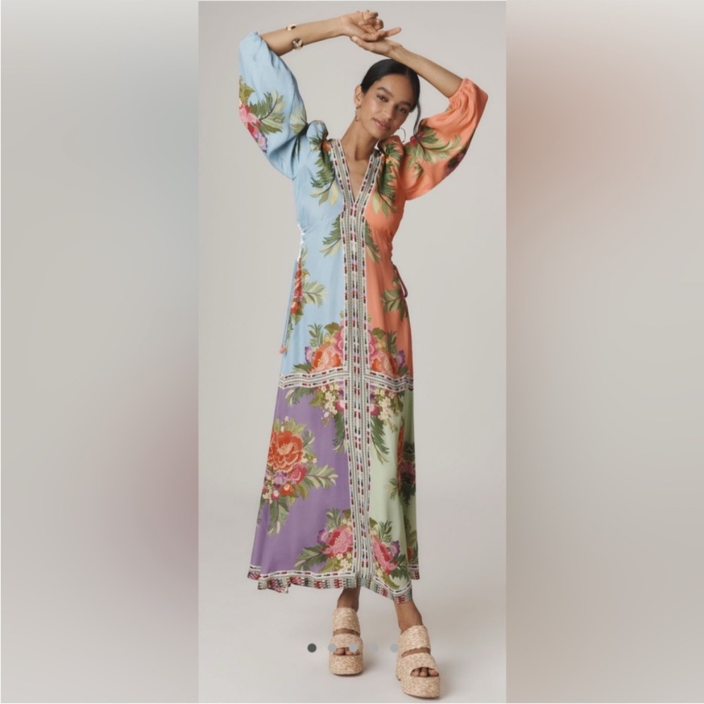 NWT FARM Rio x Anthropology Long Sleeve V-Neck Blue Maxi Floral Dress Size XS - Picture 2 of 13